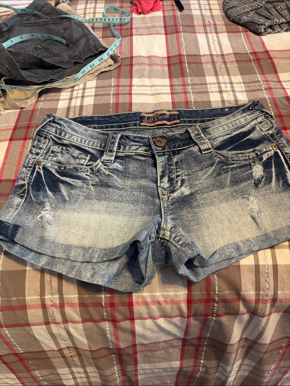Wallflower Faded Distressed Denim Jean Shorts - Light Blue stretch